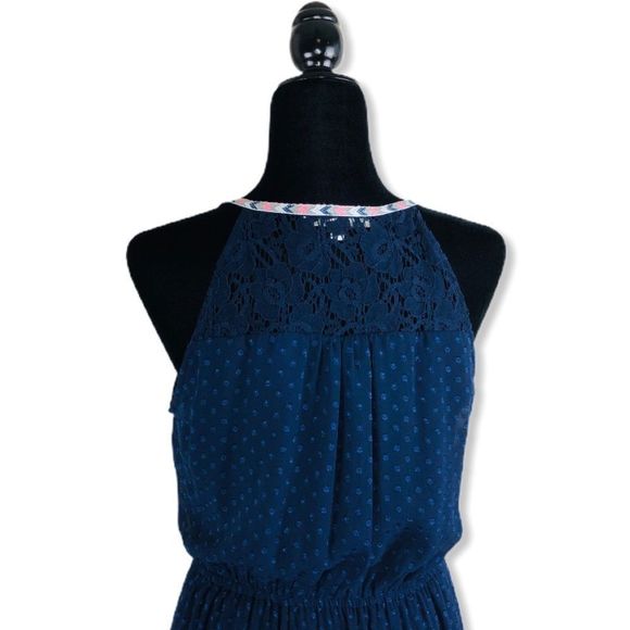 Daniel Rainn Navy Swiss Dot Keyhole Sleeveless Ribbon Trim Maxi Dress size M - Picture 8 of 16